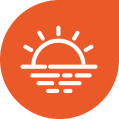 Sun setting over calm water with a horizon and waves, inside an orange circular badge