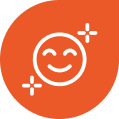 Orange circle featuring a smiling emoji face with sparkles, conveying friendliness and joy.